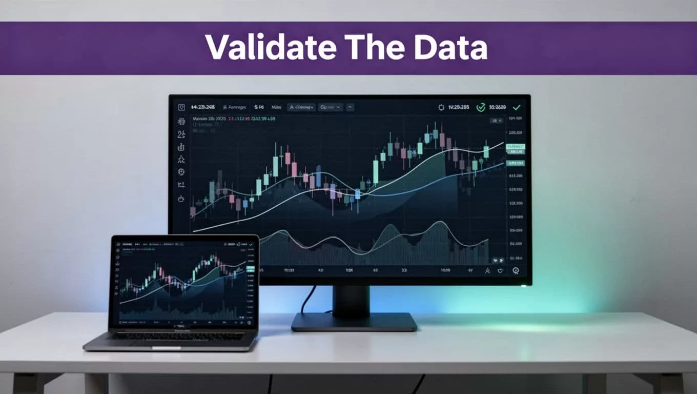 A monitor shows abstract trading charts beside a laptop under an indigo headline band.