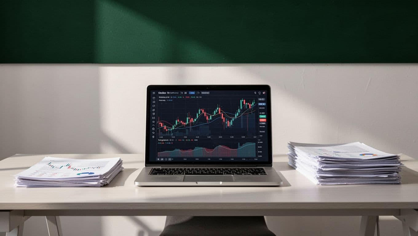 Modern desk with papers and a laptop showing abstract financial charts beneath a dark-green headline band.