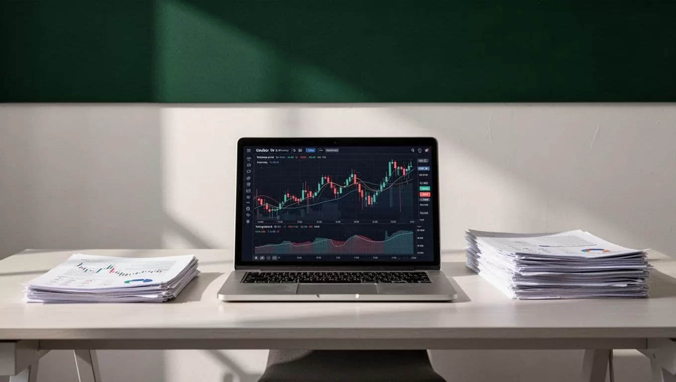 Modern desk with papers and a laptop showing abstract financial charts beneath a dark-green headline band.
