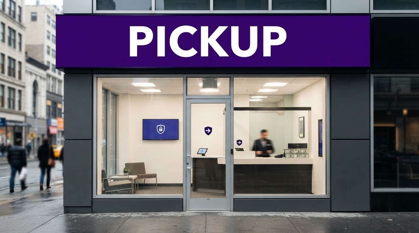 A storefront with an indigo PICKUP banner for collecting cash safely.