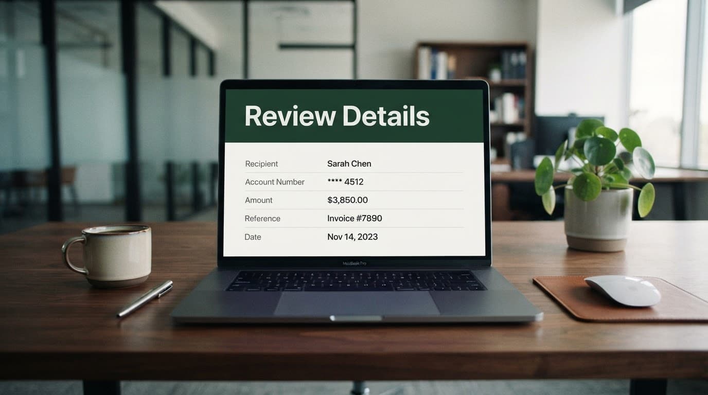 Laptop showing a banking review screen with a dark green header labeled 