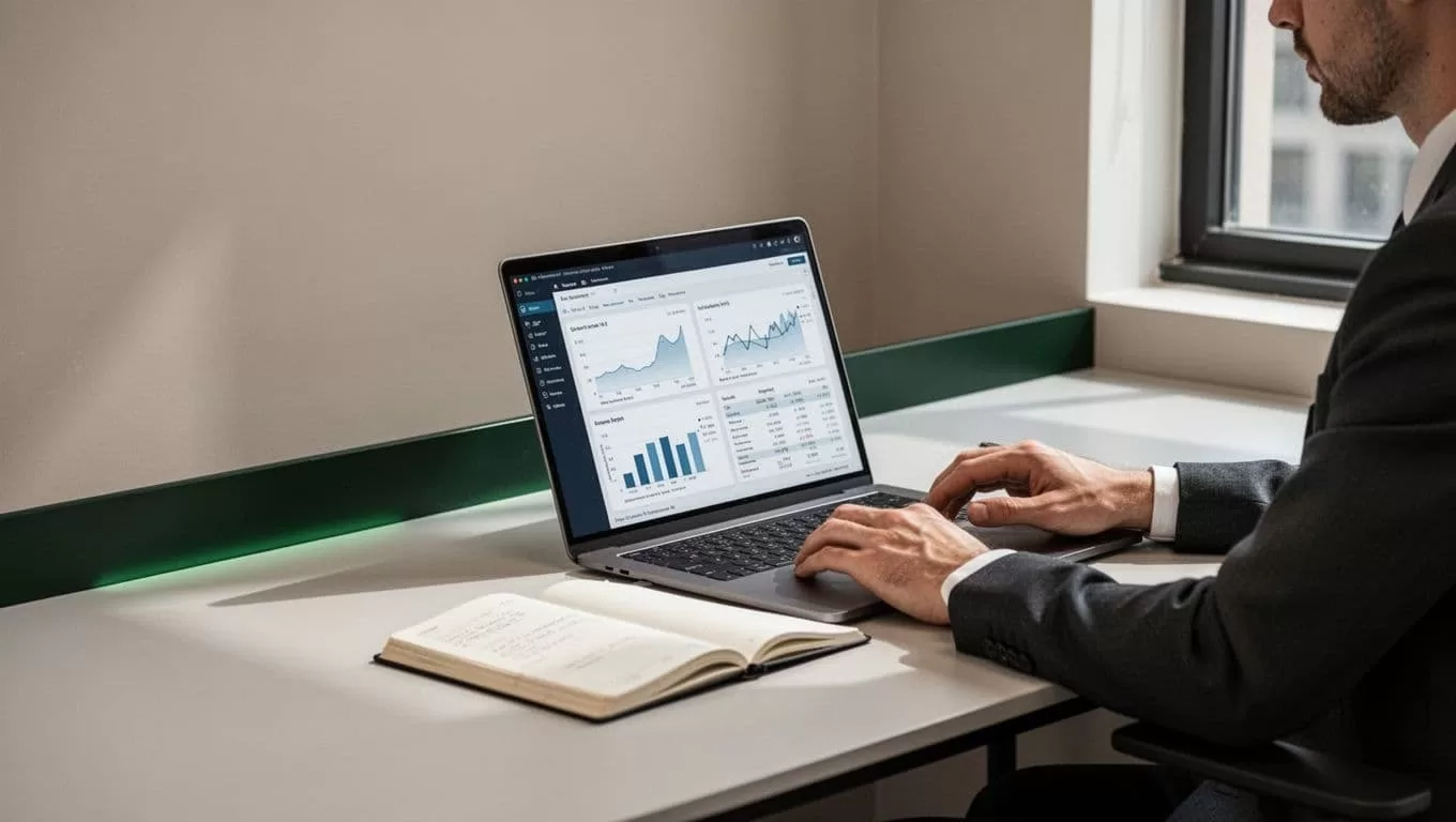 Computer and calculation notebook on a minimalist desk beneath a dark-green Transfer Guide banner.