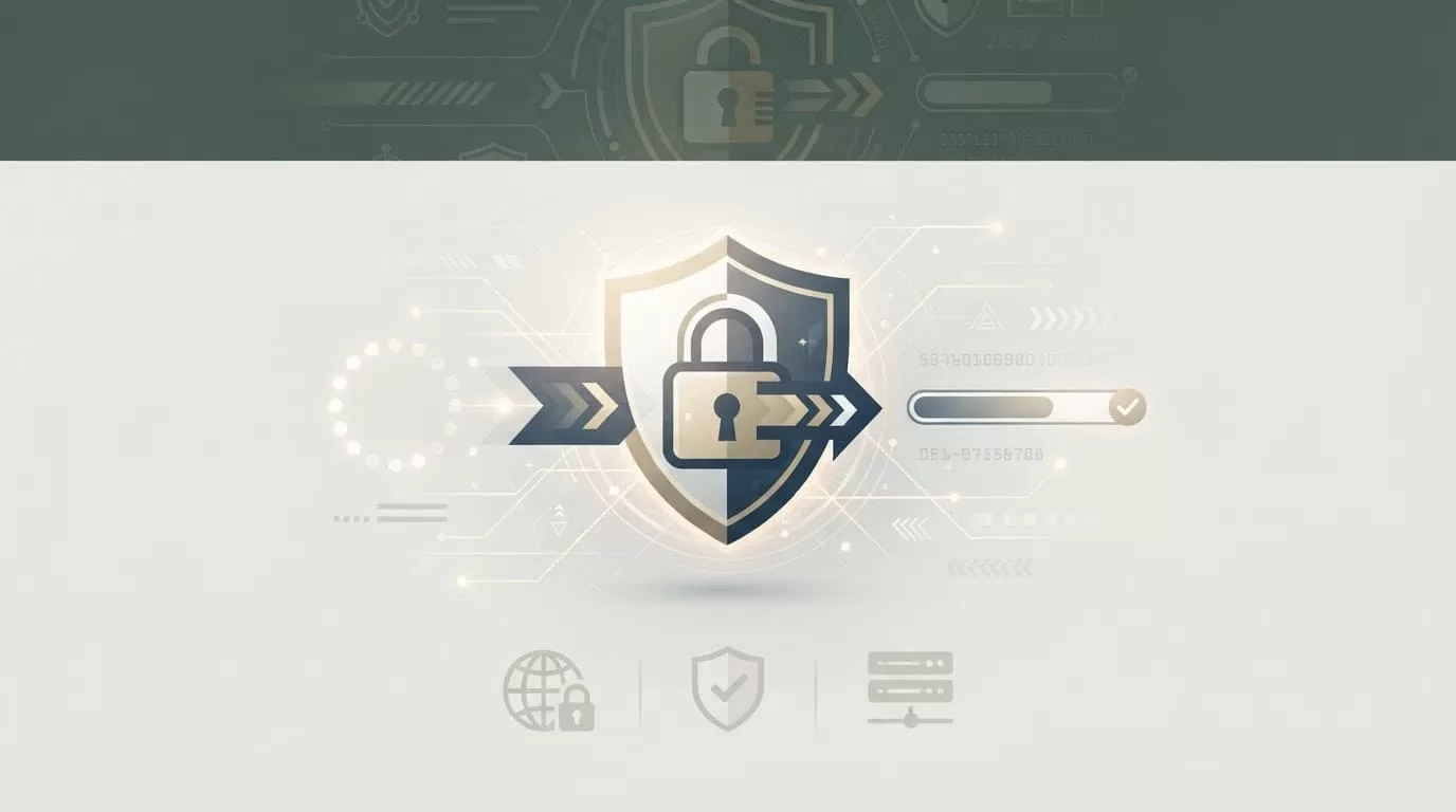 Abstract financial security symbols on a clean screen with a dark-green band.