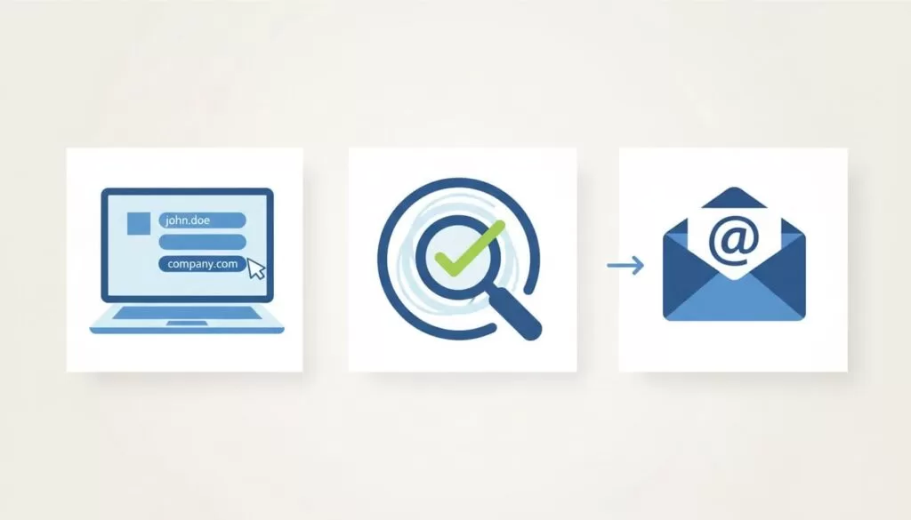 Modern illustration showing a sequence of three icons for the email finding workflow: laptop inputting name and domain, verification checkmark, and final email icon, with clean shapes, controlled colors, and neutral background.
