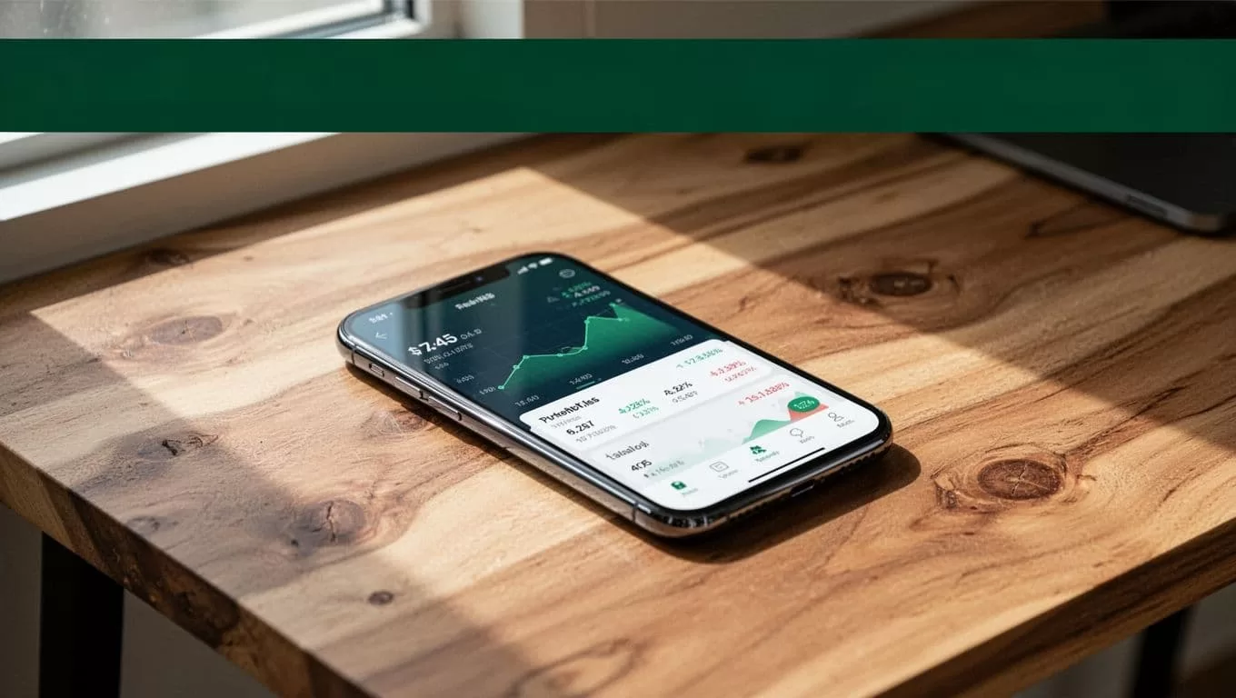 A phone showing a money transfer app on a wooden desk below a green banner.