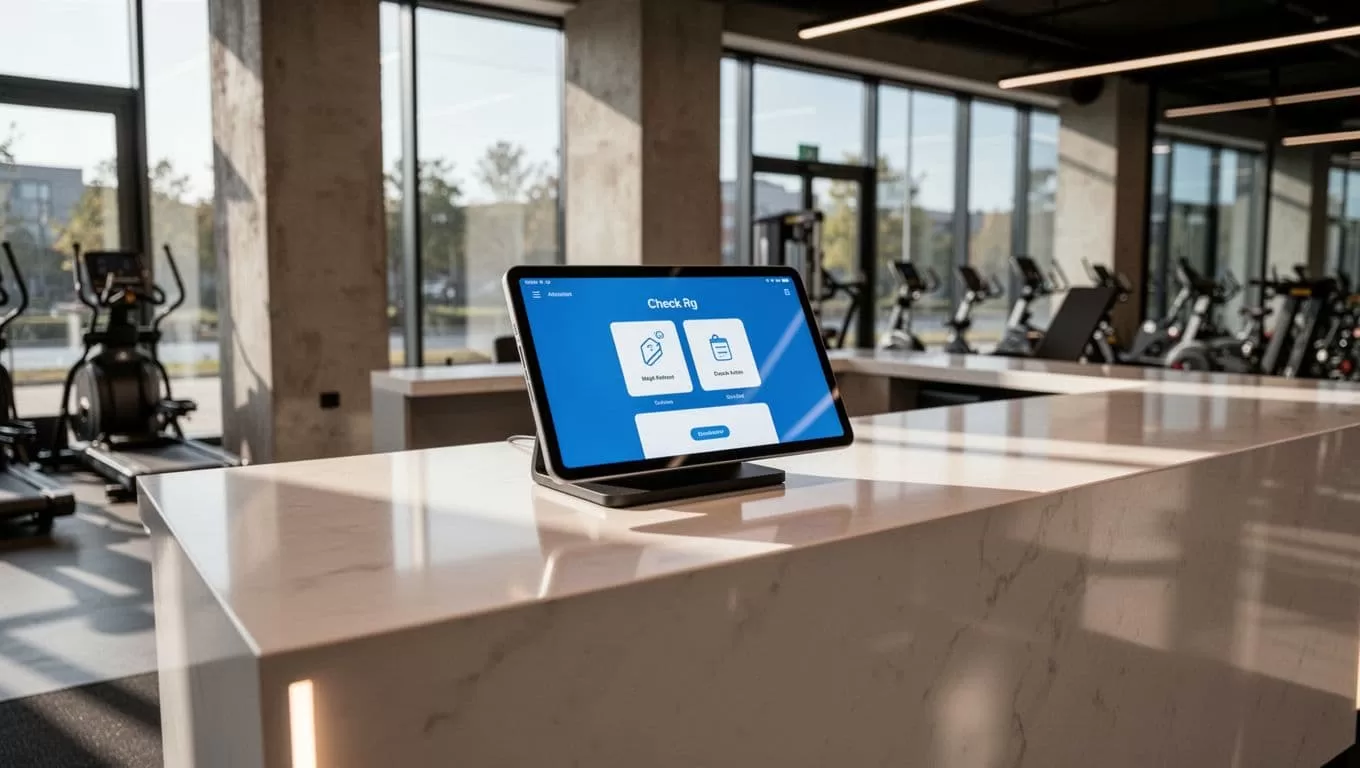 Fitness center desk with a tablet and 