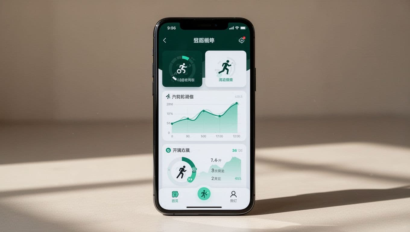 A phone showing a fitness data dashboard with charts and metric panels.