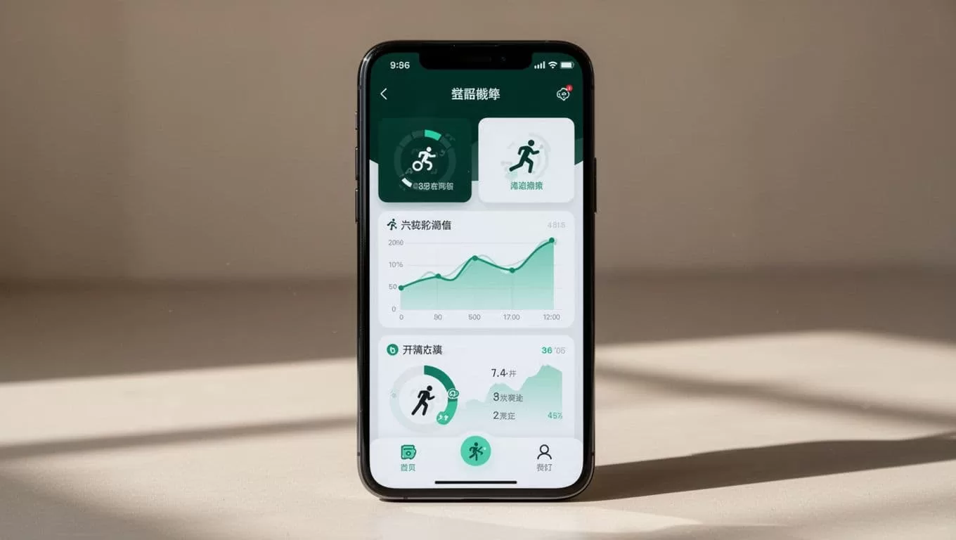 A phone showing a fitness data dashboard with charts and metric panels.