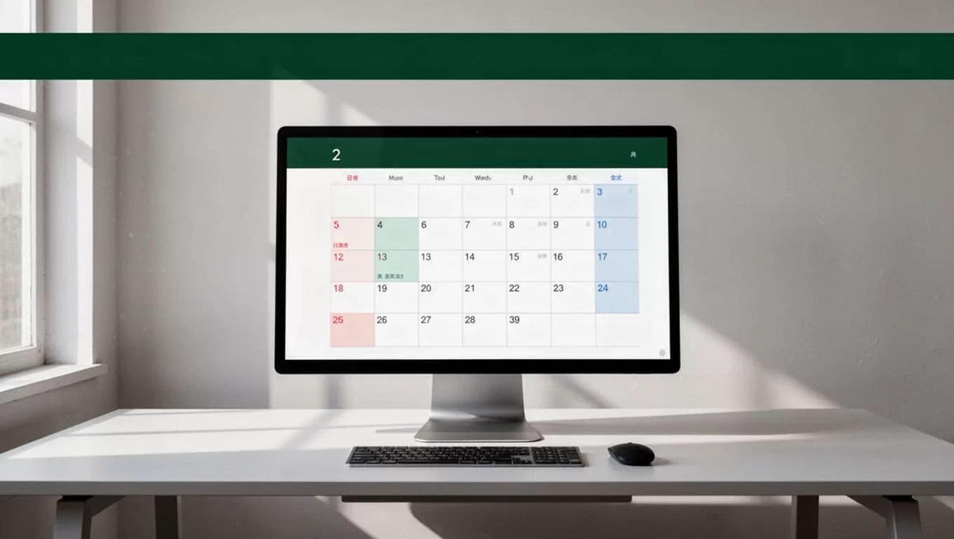 A computer shows a digital calendar beneath a dark green Fix Conflicts banner.