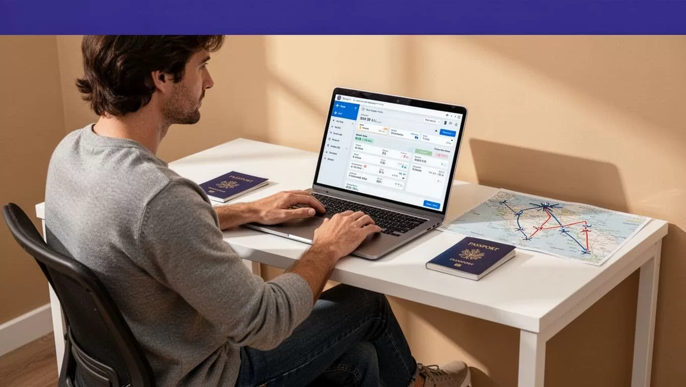 A travel creator reviews flight data beside a passport and route map under an indigo Flight Traffic banner.