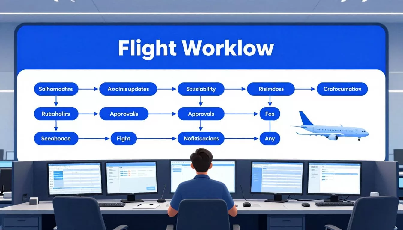 An airline manager oversees connected flight scheduling panels in a blue control room.