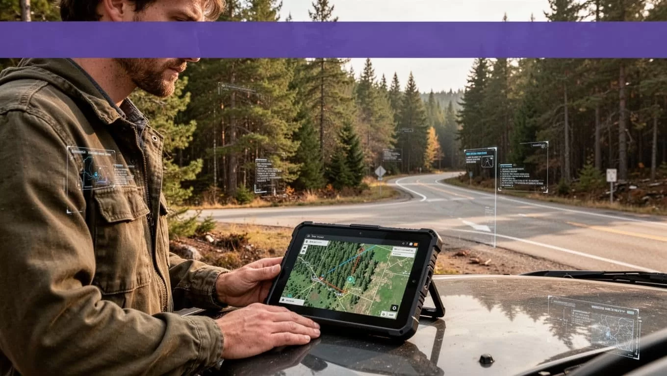 A forestry coordinator reviews a map on a rugged tablet beside a conifer stand.