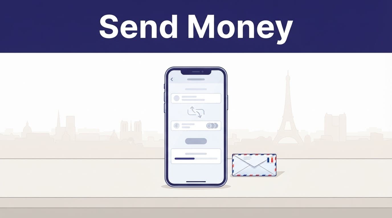 A smartphone showing a money transfer beside a French envelope on a light desk.