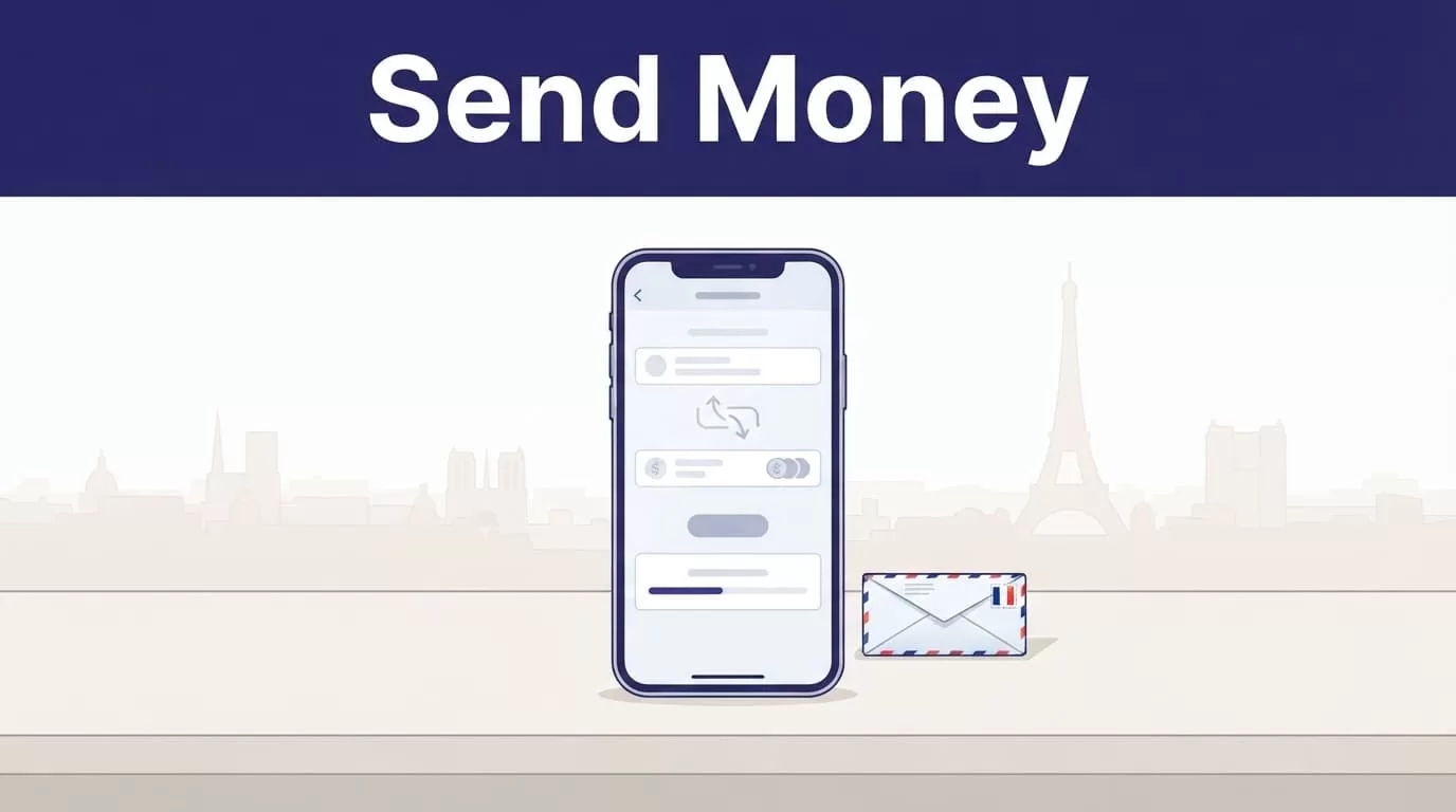 A smartphone showing a money transfer beside a French envelope on a light desk.