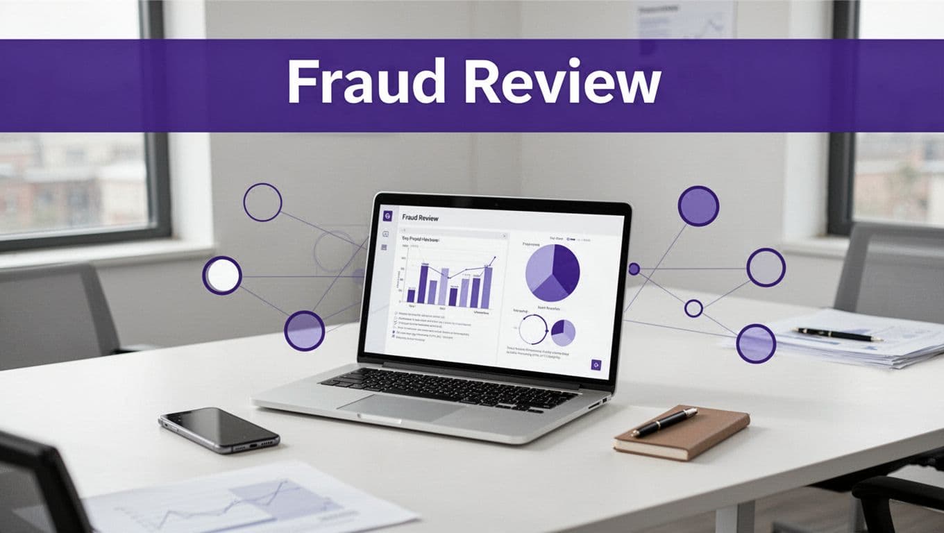 Laptop and smartphone with connected data points beneath a Fraud Review headline.