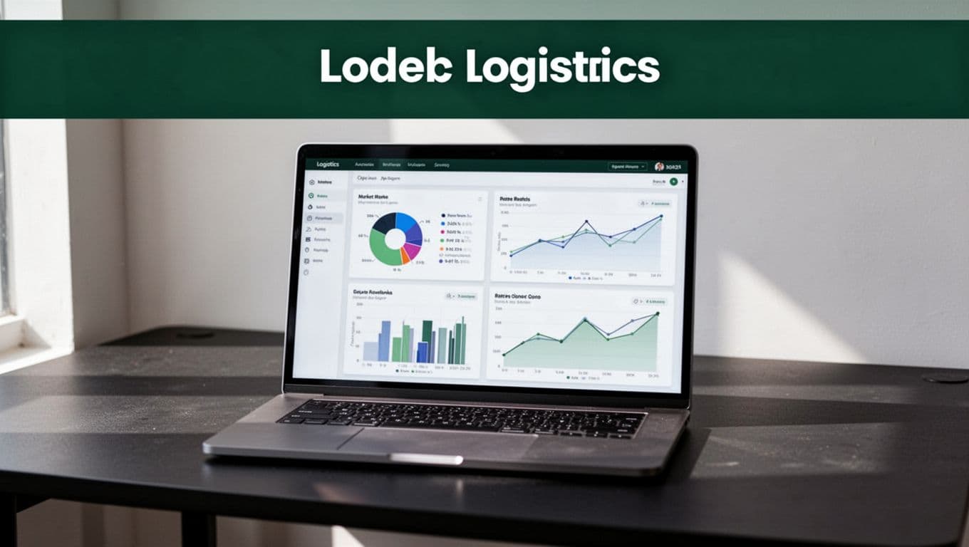 A laptop shows freight rate charts beneath a green Freight Rates banner.