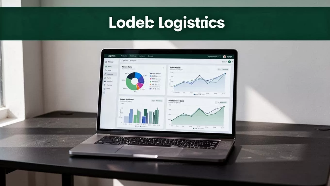 A laptop shows freight rate charts beneath a green Freight Rates banner.