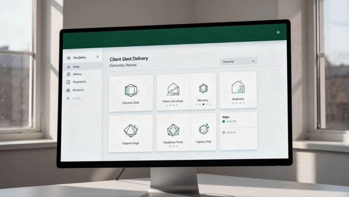 A software dashboard showing client gallery delivery status beneath a dark-green header.