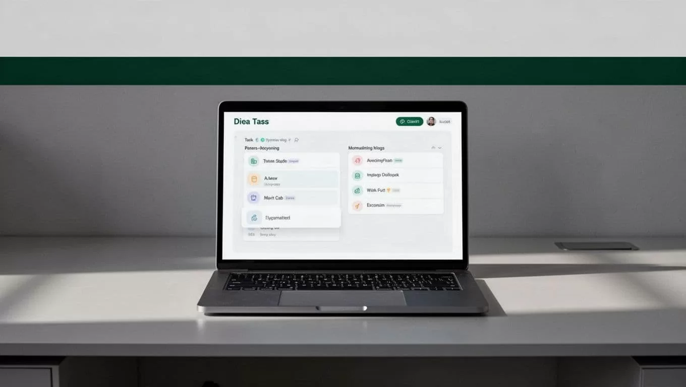 Laptop showing a task board beneath a dark-green Gig Booking banner.