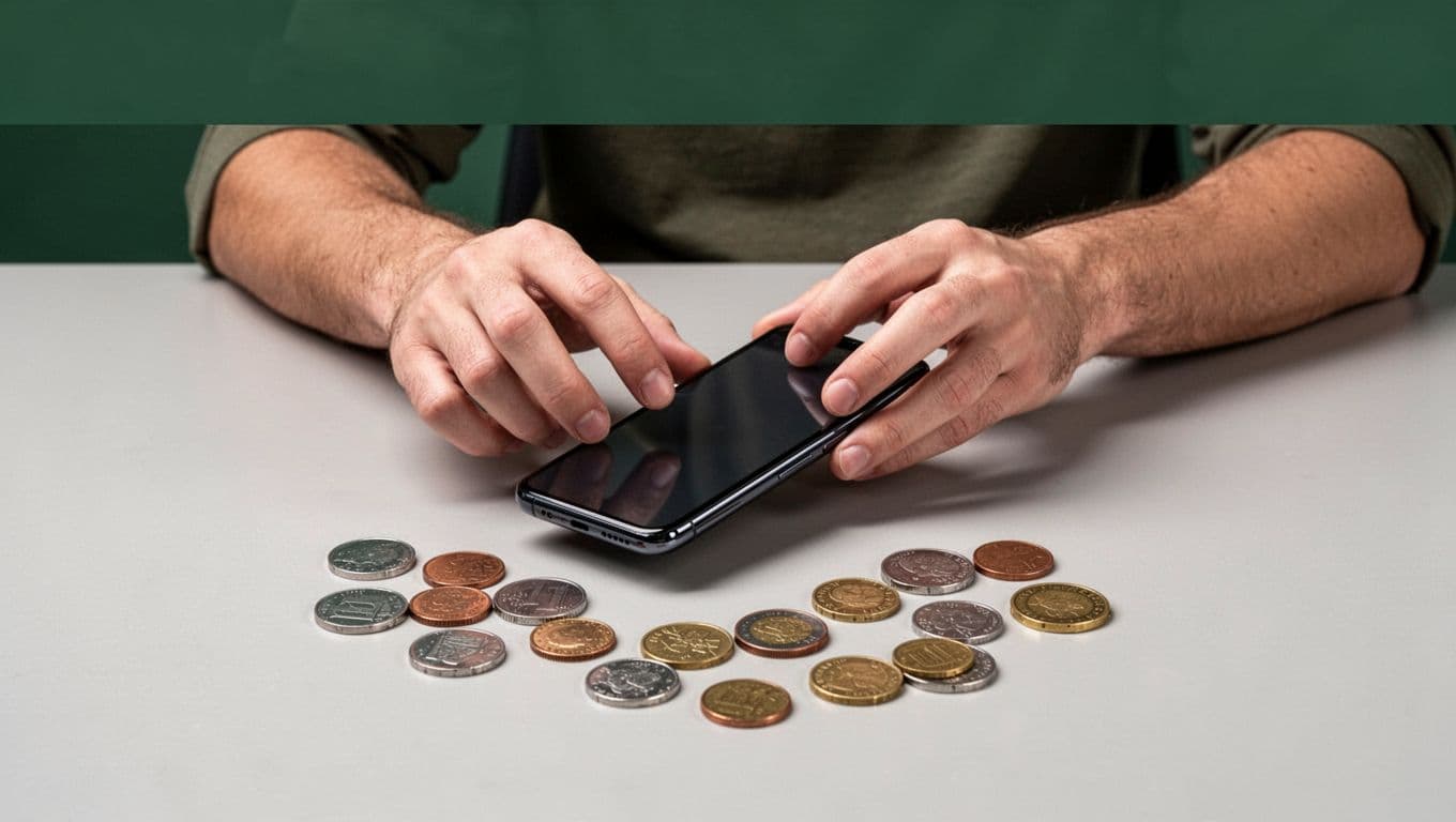 A smartphone and international coins sit on a minimalist desk with one person and a green Global Transfer banner.