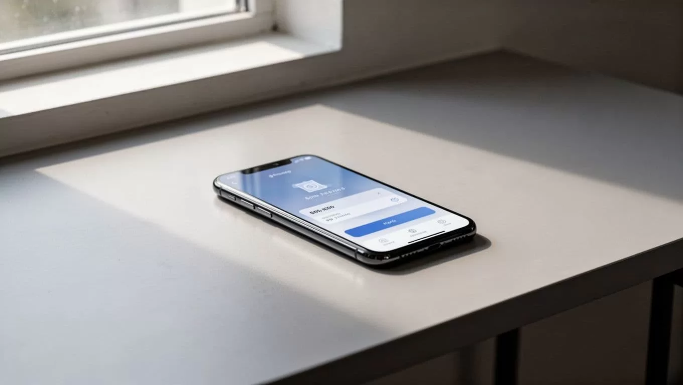A smartphone on a minimalist desk below a dark-green Global Transfer banner.