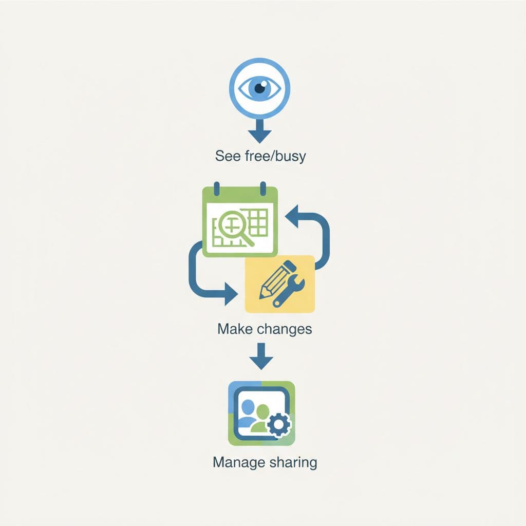 Modern illustration flowchart showing permission levels in Google Calendar: see free/busy, see details, make changes, manage sharing, with icons connected by arrows on a neutral background.