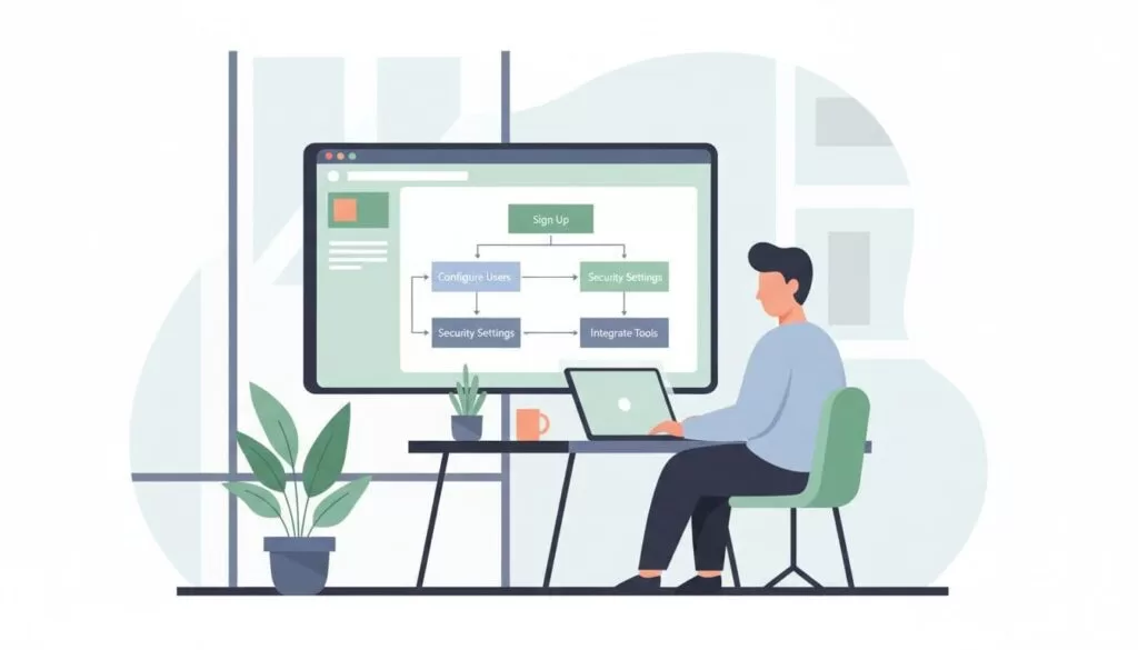 Modern illustration with clean shapes and controlled colors depicting a flowchart of Google Workspace deployment steps: admin console sign-up, user configuration, security settings, and tool integration. Shows one admin at a desk with laptop displaying simple dashboard under soft lighting.