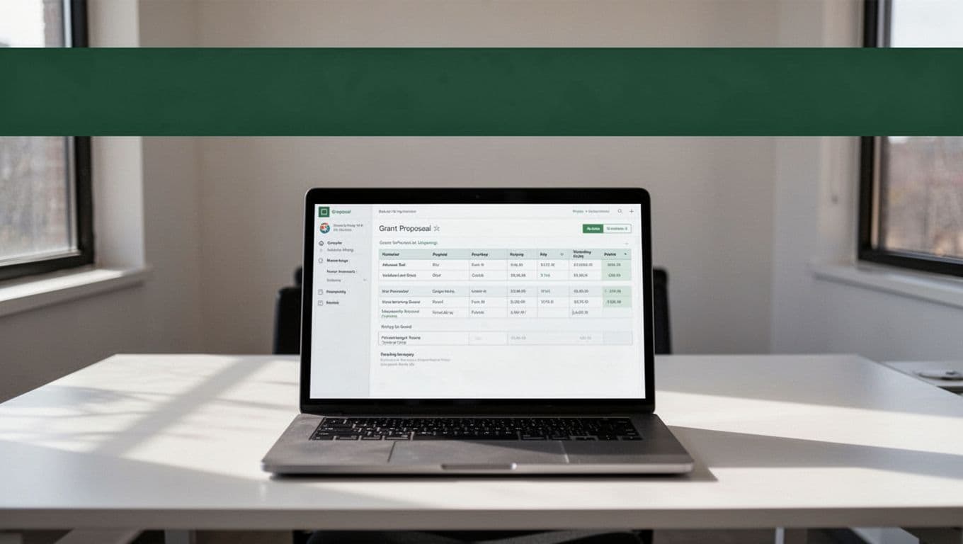 A laptop displays a grant data interface with organized proposal rows and columns.