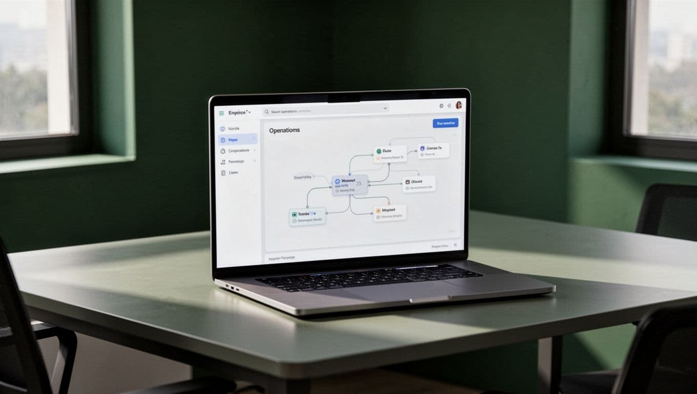Laptop showing an order workflow dashboard beneath a dark-green headline band.