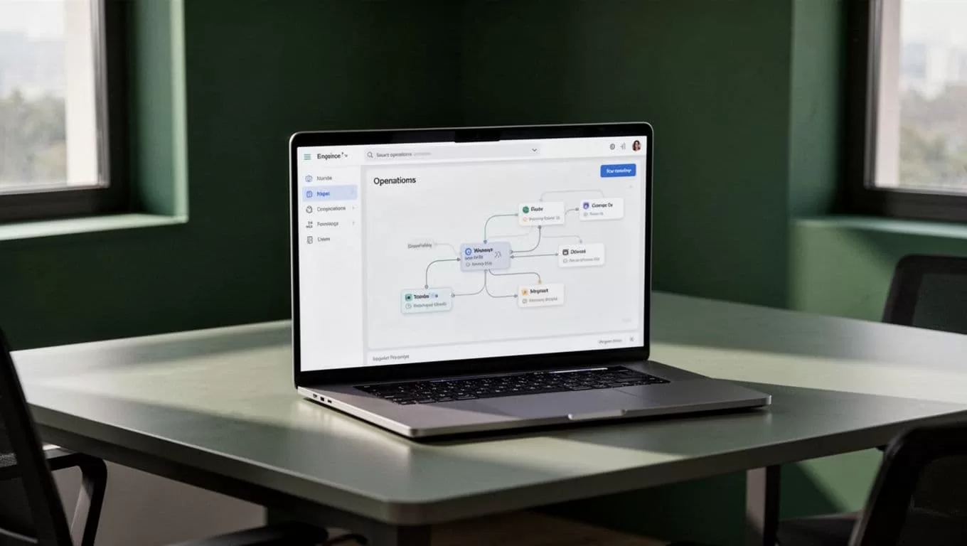 Laptop showing an order workflow dashboard beneath a dark-green headline band.