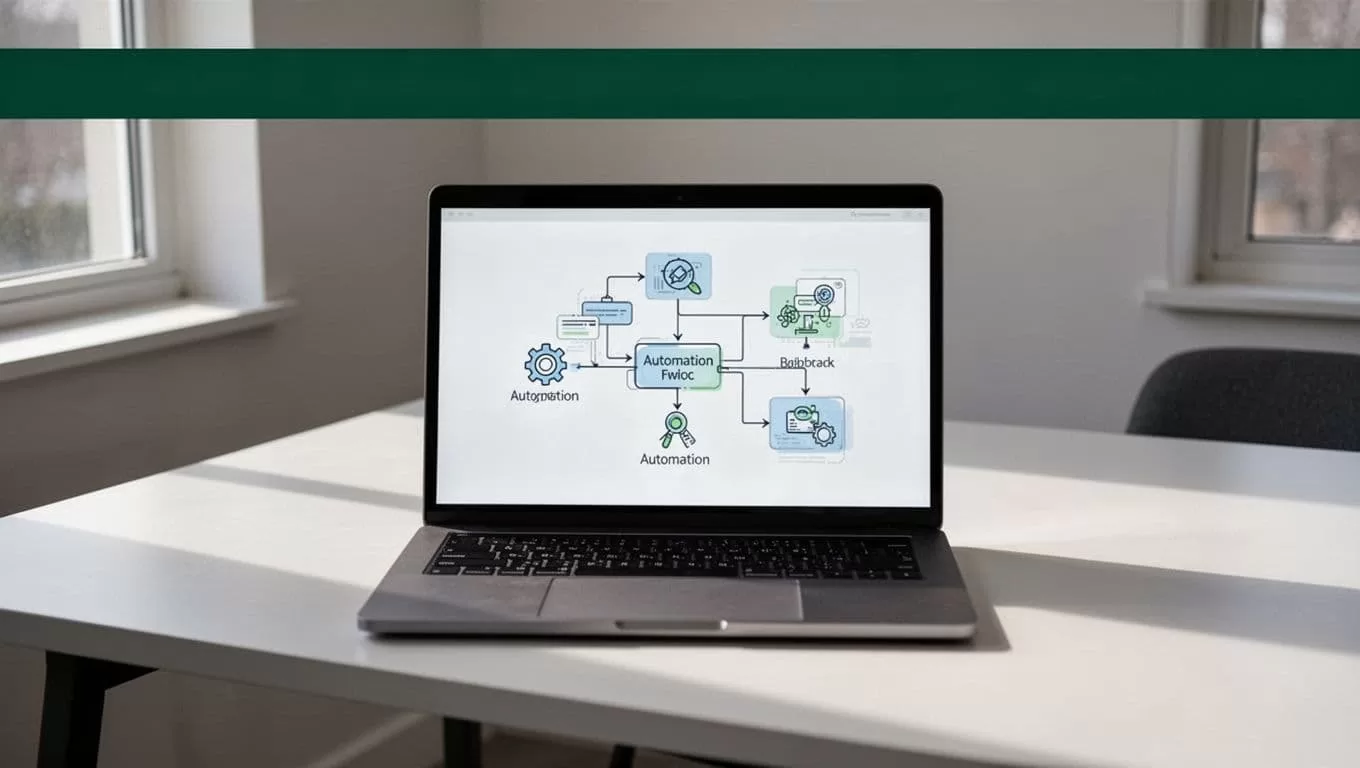 Laptop displaying a connected data workflow beneath a green WORKFLOW banner.