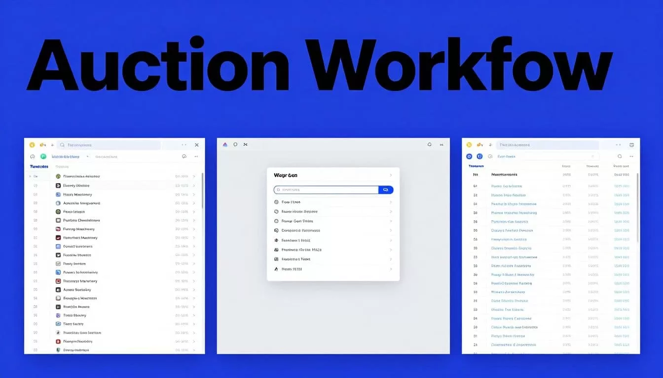 Three panels connect auction listings, automation steps, and an organized machinery table.