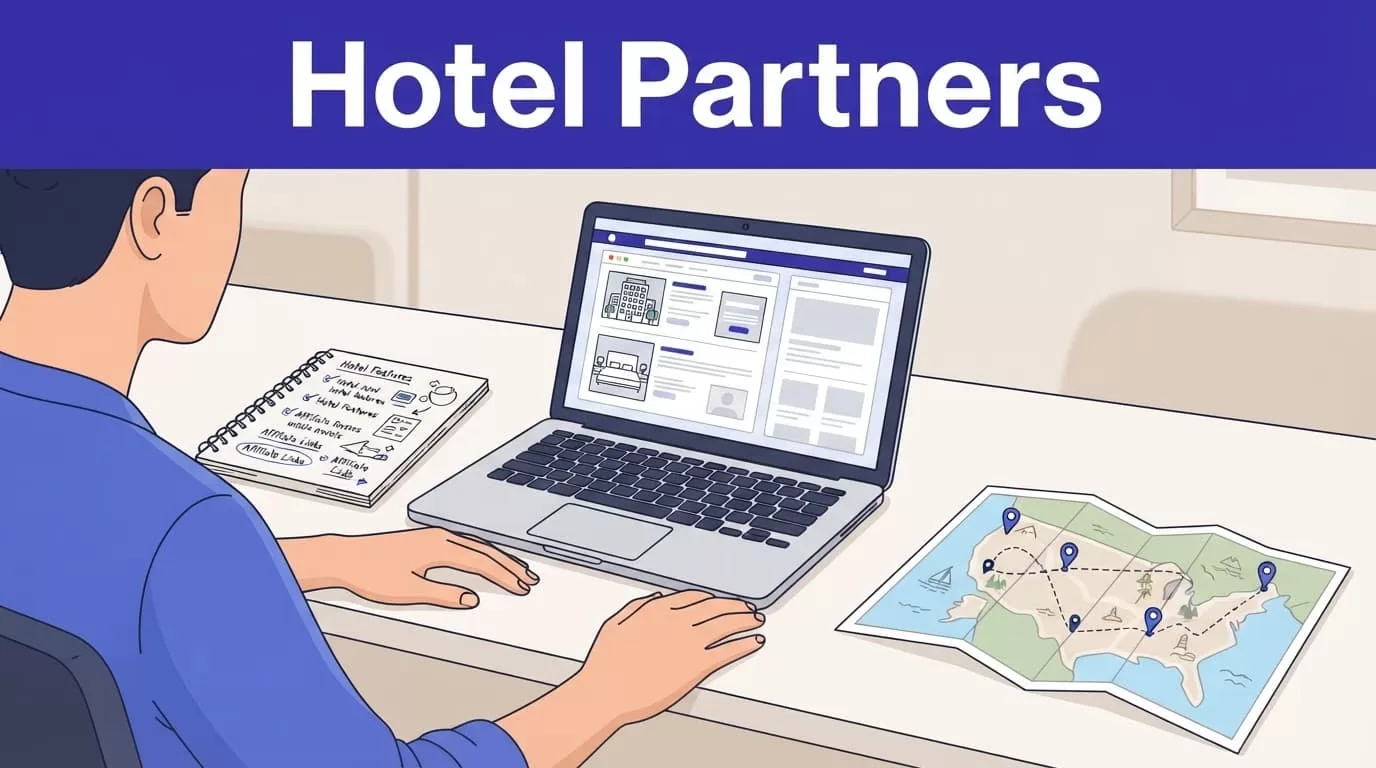 Travel creator planning hotel content with a laptop, notebook, and map.