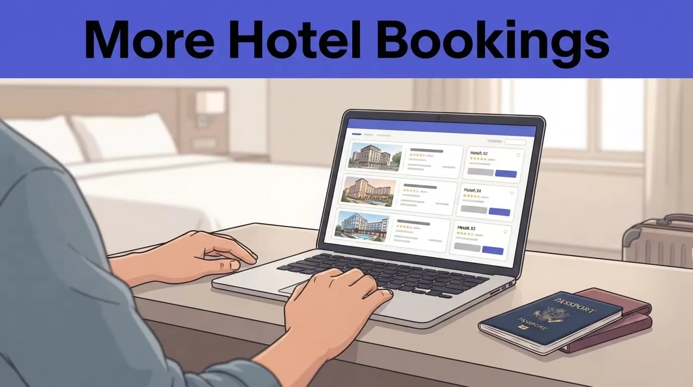 Traveler comparing hotel options on a laptop beside a passport and suitcase.