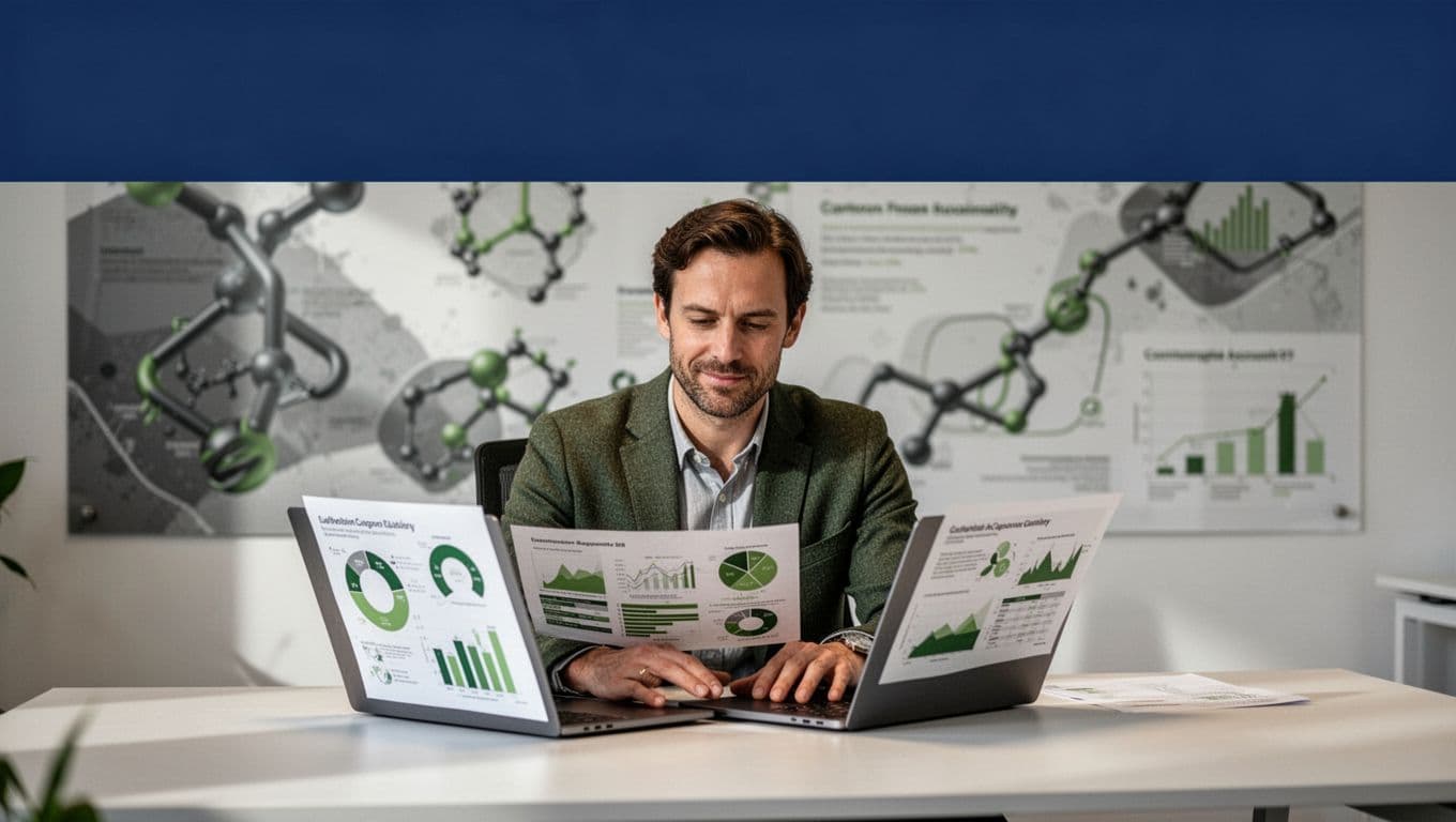 Sustainability manager reviewing charts beside a laptop under an indigo banner.