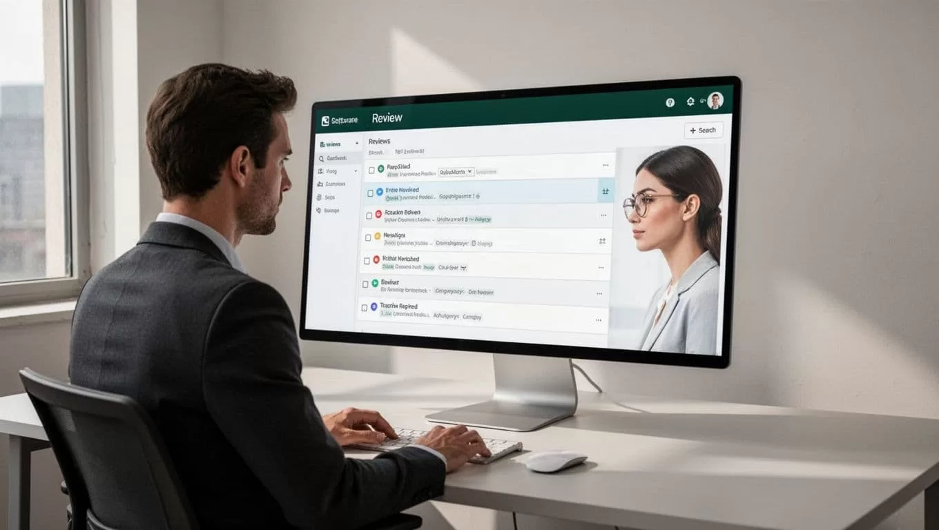 A person reviews an oversight queue on a monitor with a green headline band.