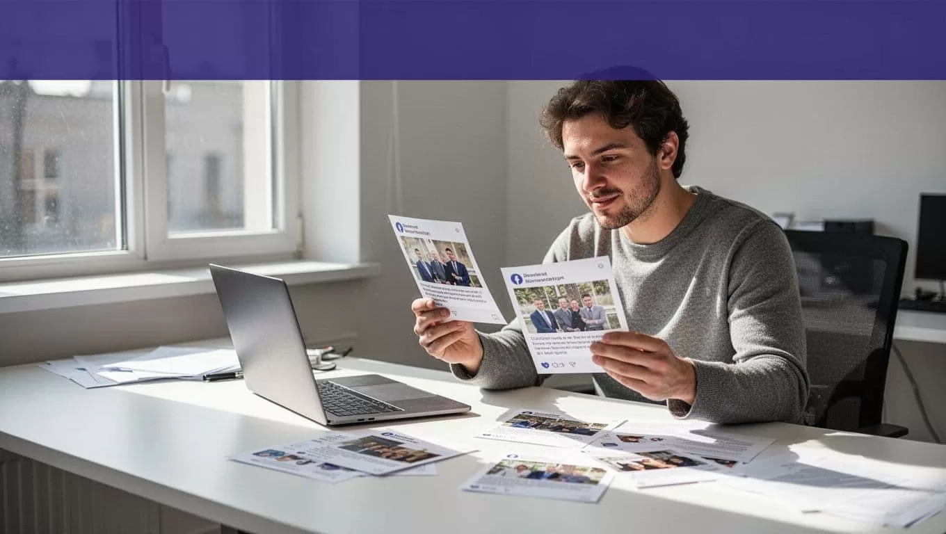 A creator reviews printed social posts beside a laptop under an indigo Human Oversight banner.