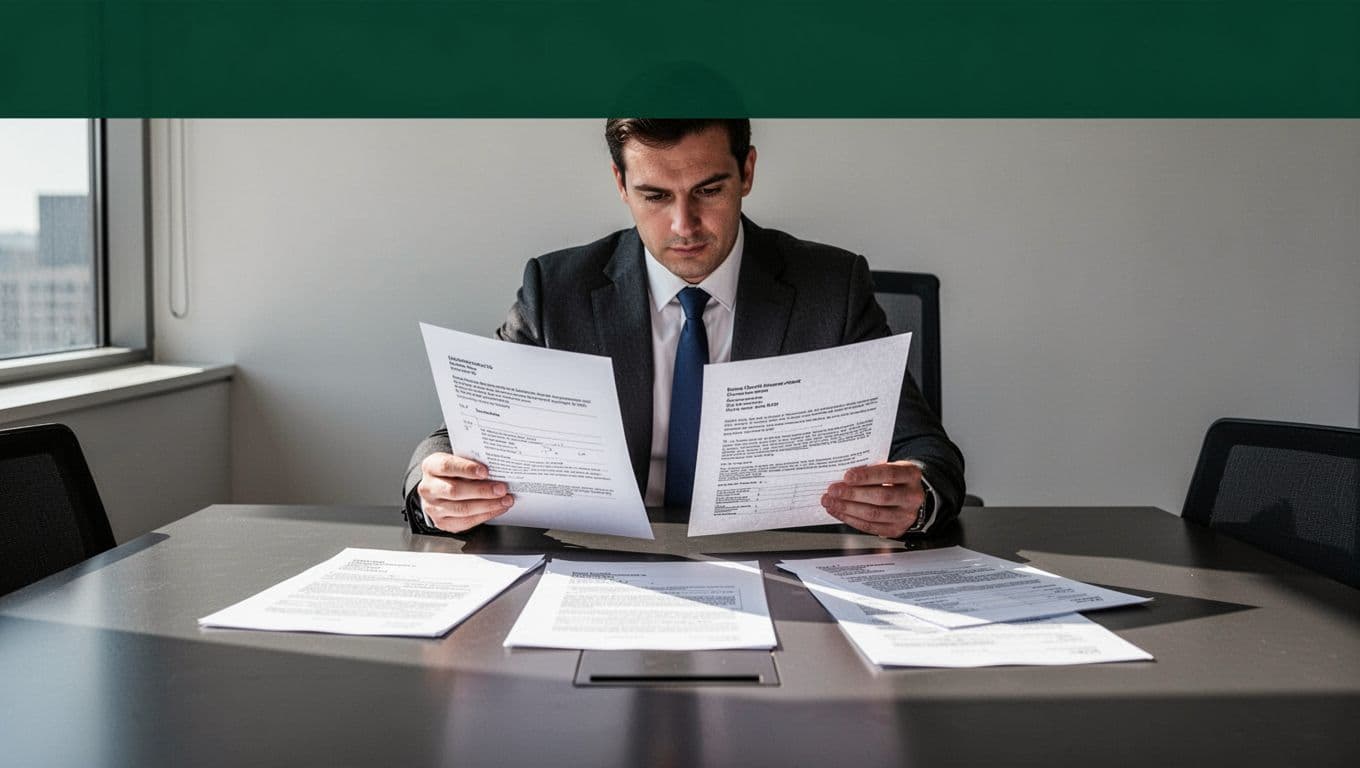 A person reviews printed contract sheets beneath a Human Review banner.