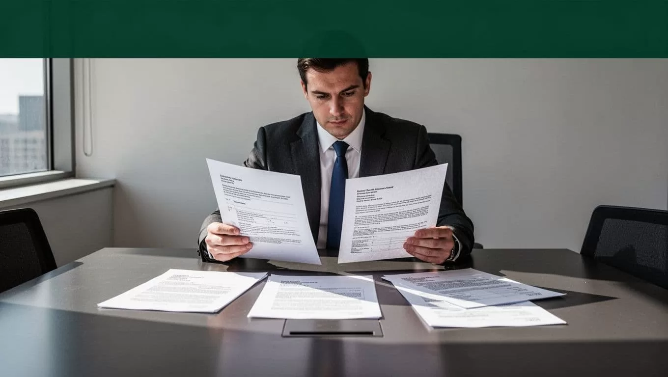 A person reviews printed contract sheets beneath a Human Review banner.