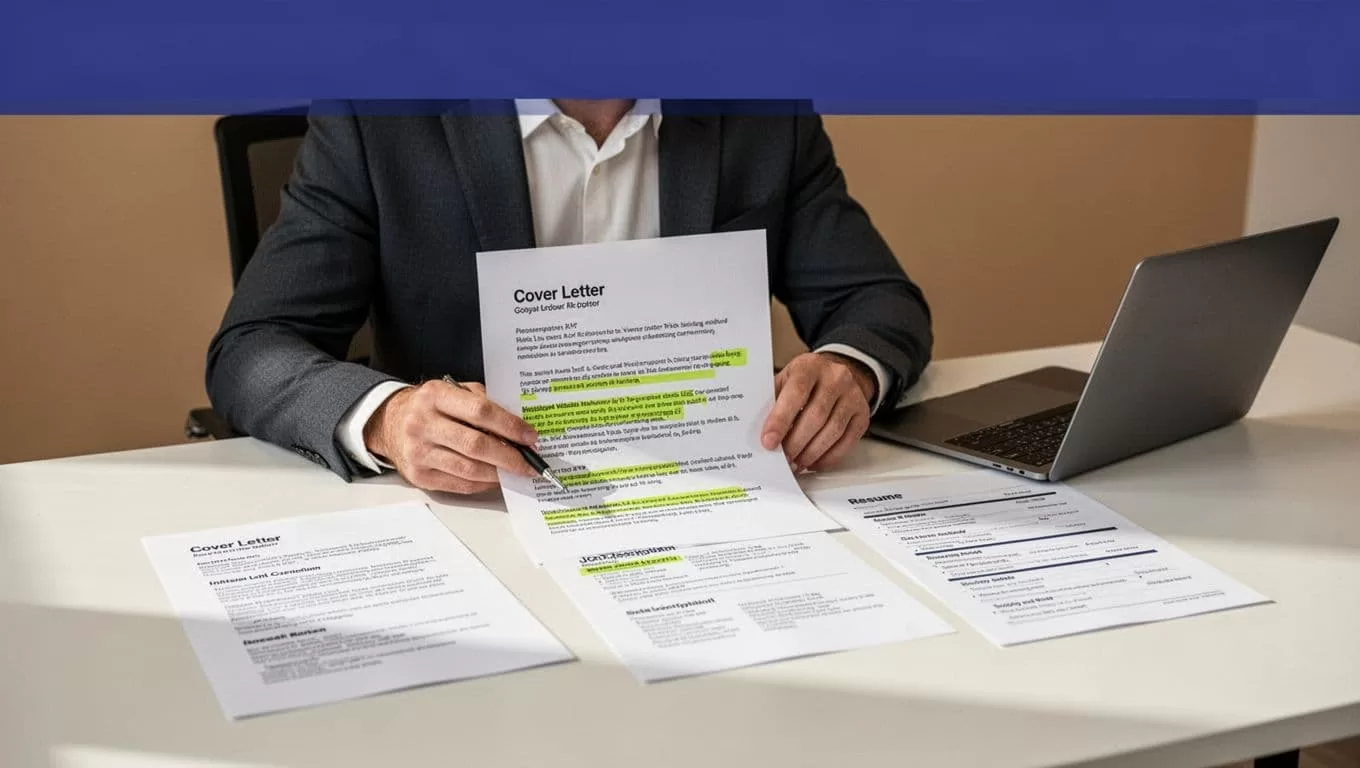 A person reviews highlighted job documents beside a laptop at an organized desk.
