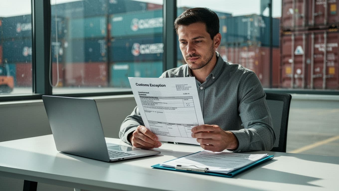A logistics manager reviews a customs folder beside a laptop in a freight office.