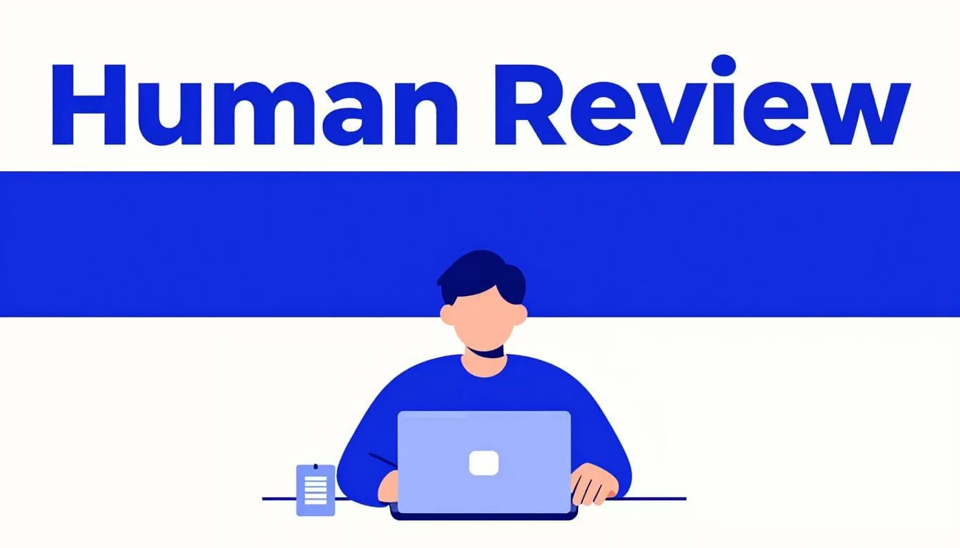 A reviewer approves a workflow beside a laptop and event badge.