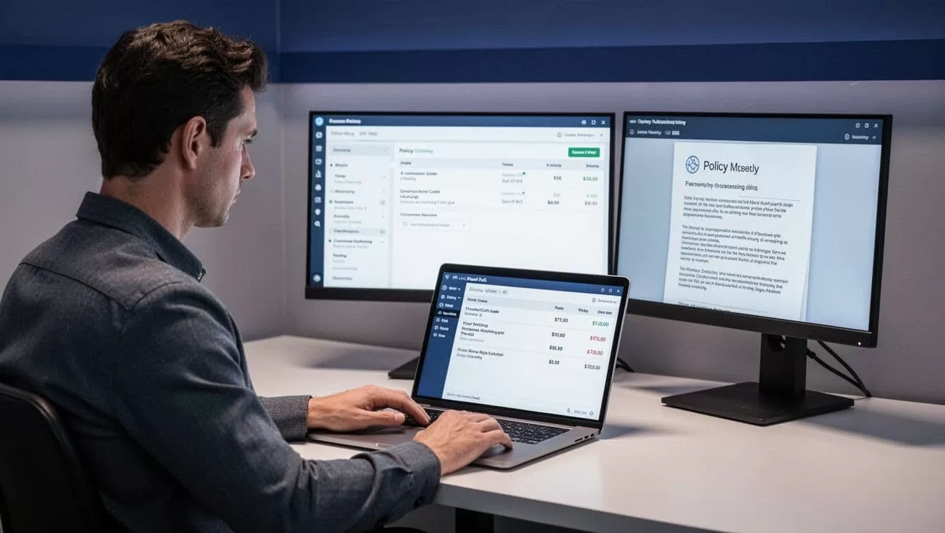 Manager comparing a restaurant order with a policy document on two screens.