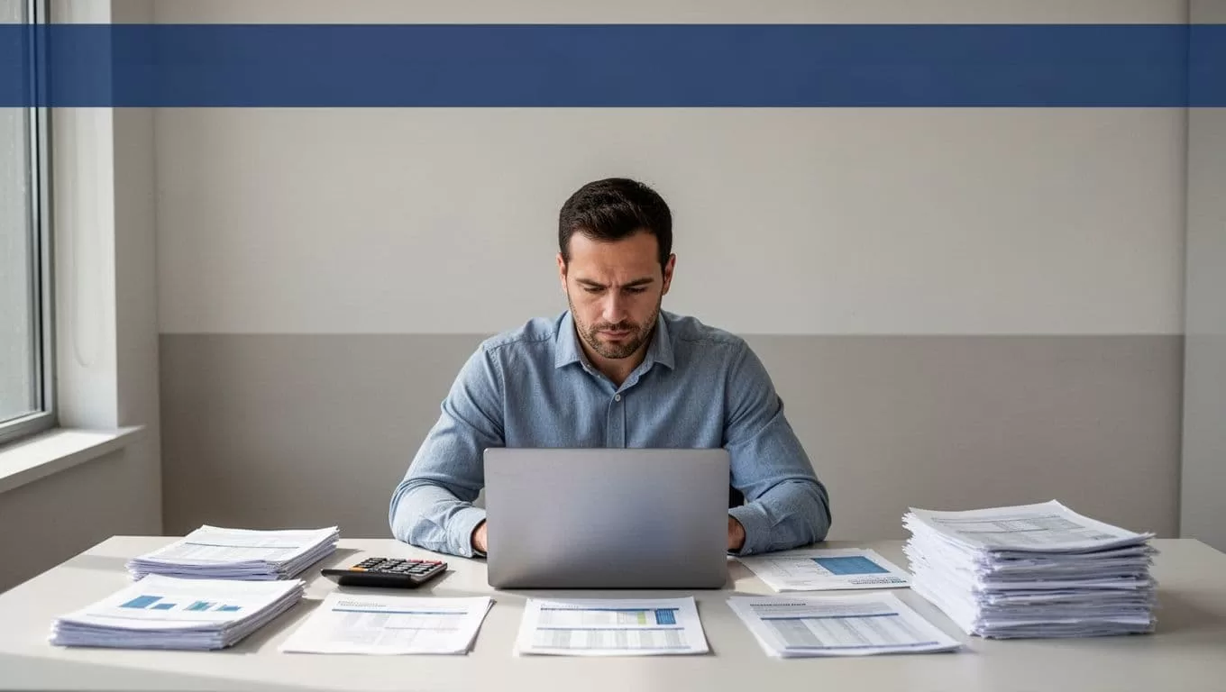 Investor reviewing property documents beside a calculator and laptop.