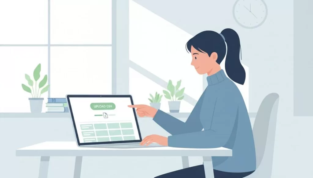 Modern illustration of a marketer at a desk uploading a CSV file to Hunter.io bulk email verification dashboard on laptop screen in a clean office.