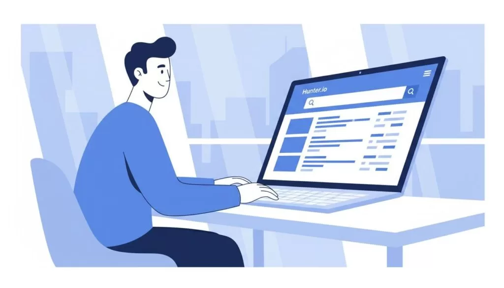 Modern illustration of a business professional at a modern desk in a bright office, using a laptop to search the Hunter.io dashboard for professional email addresses, with screen showing search bar and results list, emphasizing workflow excitement.