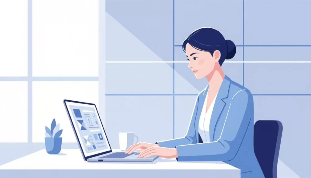 Modern illustration of a focused professional at a clean desk using a laptop with email verification tool interface, in blues and whites.