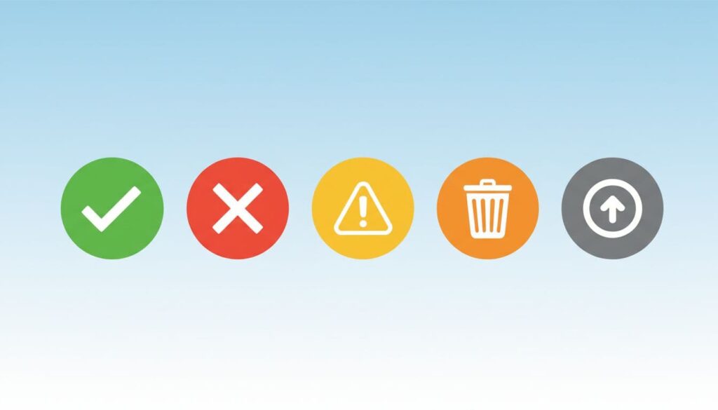 Modern illustration with clean icons for Hunter.io email verification results: green check for valid, red X for invalid, yellow warning for risky, orange for disposable, gray for catch-all, arranged in a row on a subtle blue-white gradient background.