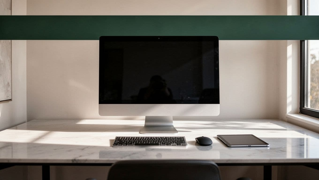 A desk with office equipment beneath a dark-green JOB SCHEDULING banner.