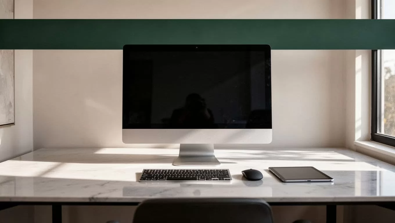 A desk with office equipment beneath a dark-green JOB SCHEDULING banner.